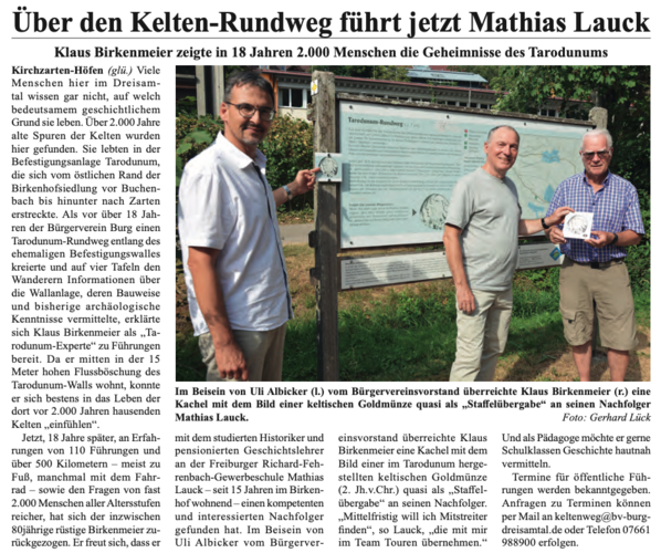 Artikel Staffelstabübergabe Führungen auf dem Tarodunumweg Artikel Staffelstabübergabe Führungen auf dem Tarodunumweg